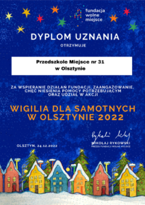 Dyplom uznania za udział w Wigilii dla samotnych