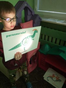 chłopiec podświetla lampką plansze dinozaura